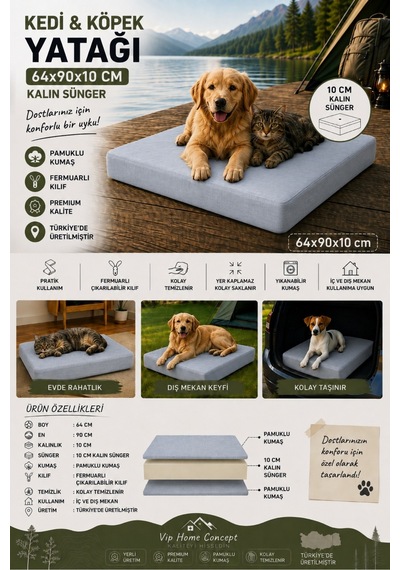 Büyük Irk Köpek Yatağı Süngerli Fermuarlı Yıkanabilir Kılıflı Köpek Minderi 64x90x10 Cm-gri