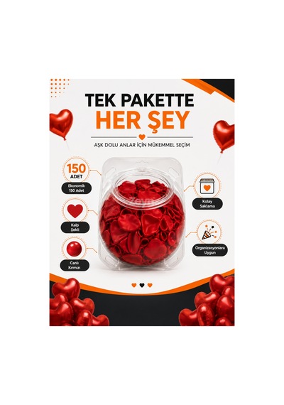 Kids & Kids 150'li Kalp Balon Seti Plastik Saklama Kavanozlu Pompa Hediyeli Sevgililer Günü, Evlilik Teklifi, Nişan Ve Düğün Dekor Balonu Kırmızı
