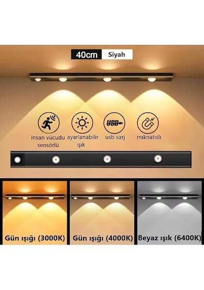 Cata Ct-2464 Şarjlı Led Işık Usb Şarjlı Kablosuz Mıknatıslı Led Lamba 3 Farklı Işık Rengi Siyah