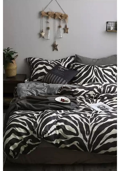 İqon Lastikli Çarşaflı Nevresim Takımı Çift Kişilik Zebra Siyah