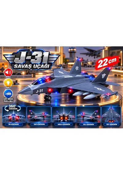 Oyuncak Uçak Fighter Power J31 Gri Renkli Sesli-ışıklı Metal Gövde Çek-bırak Askeri 21 Cm