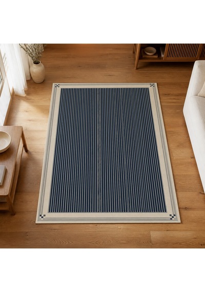 Kartela Halı İnce Çizgili Bordürlü Halı Lacivert Kaymaz Taban Makinede Yıkanabilir 180x270 Cm