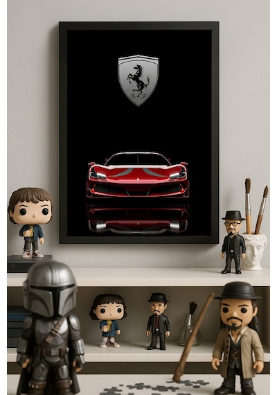 Ferrari F8 Siyah Ahşap Çerçeveli Poster, Dekoratif Araba Duvar Tablosu
