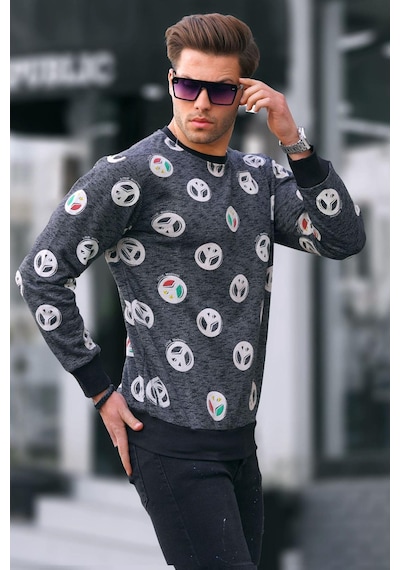 Madmext Siyah Bisiklet Yaka Baskılı Sweatshirt 1707-siyah Siyah
