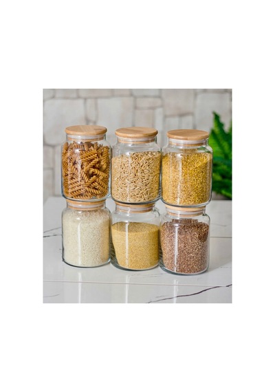 6 Adet 1000 Ml Bambu Kapaklı Cam Kavanoz Seti Bakliyat Saklama Kavanoz Seti Bej Bej