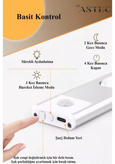 Astec Dolap Ve Masa Altı Led Aydınlatma Şarjlı Sensörlü 3 Renk Usb Çok Renkli