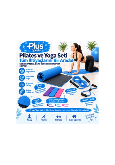 15 Mm Pilates Minderi + 3'lü Direnç Bandı + Atlama İpi + Kelebek Direnç Lastiği Mavi Mavi