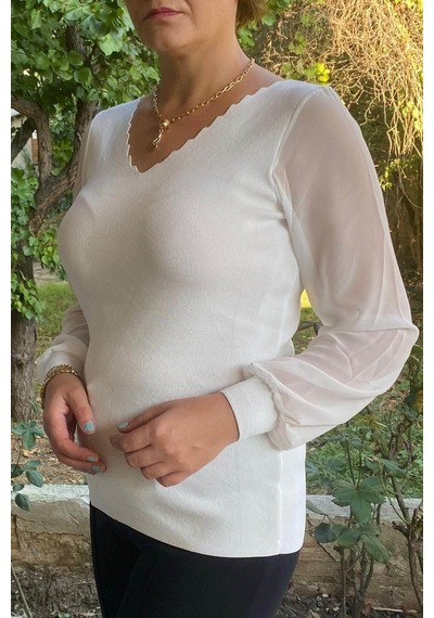 Mia Butik Büyük Beden Beyaz Merdiven Yaka Triko Bluz -1260 Beyaz