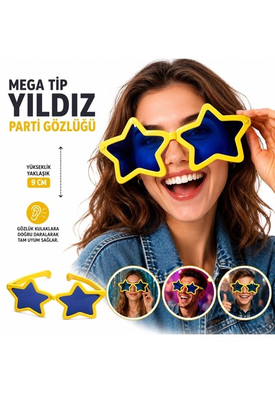 Mey İthalat Mega Tip Yıldız Parti Gözlüğü Sarı Renk Çok Renkli