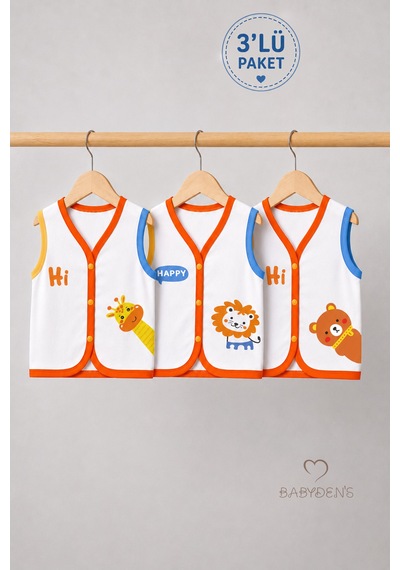 Babyden's 3'lü Bebek Yeleği %100 Pamuk Çıtçıtlı Mevsimlik Yenidoğan Bebek Yelek Seti Safari Baskılı Unisex 0-9 Ay Çok Renkli
