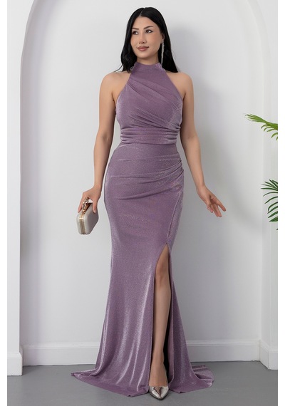 Kalopya Halter Yaka Yırtmaçlı Simli Elbise Drp0013 Lila