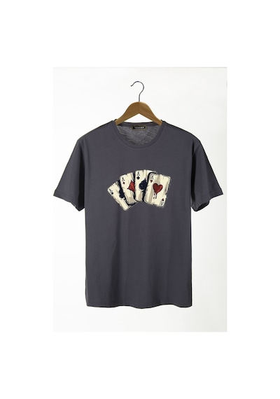 Erkek Füme Önü Iskambil Kağıdı Baskılı Bisiklet Yaka Oversize T-shirt 22y-3400762-2 Füme