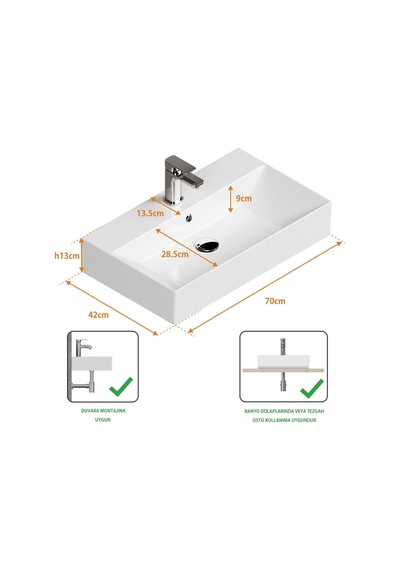 Isvea Sistema Z Tezgah Üstü Kare Lavabo 70x42 cm Slim Batarya Delikli Beyaz 10SF50070
