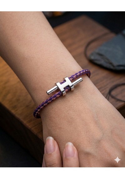Unisex H Model Silver Renk Çelik Detay Mor Ve Pembe İp Bileklik