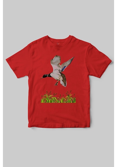 Özel Dağcılık Avcılık Tasarımlı Yeşilbaş Ve Doğa Temalı Regular Fit %100 Pamuk Kırmızı T-shirt Kırmızı