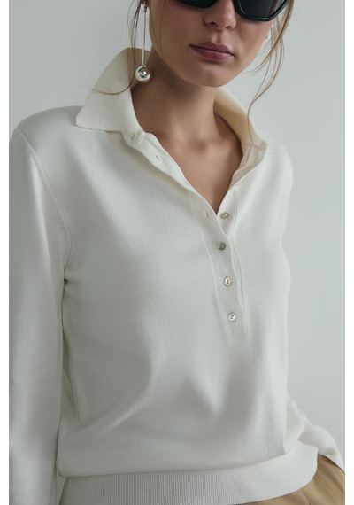Suud Collection Beyaz Carter Polo Yaka Triko Kazak