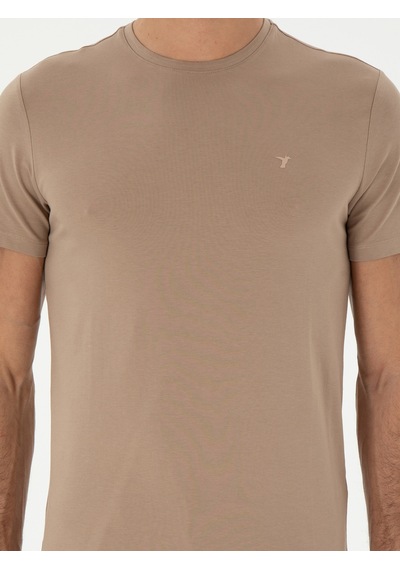 Vizon Slim Fit Bisiklet Yaka Merserize Basic T-shirt Kahverengi