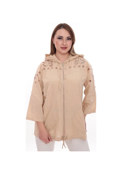 Lady Majestic Büyük Beden %100 Cotton Kapüşonlu Hırka Rahat Ve Şık Tasarım - 44462 Bej