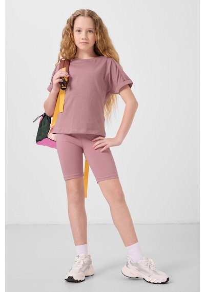 Gül Kurusu Pamuklu O Yaka Oversize Fit Basic Kız Çocuk T-shirt - 75182 Gülkurusu
