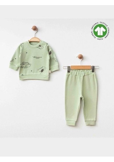 Zekids Erkek Bebek Dinazor Baskılı Organik Eşofman Takım-15481 Yesil