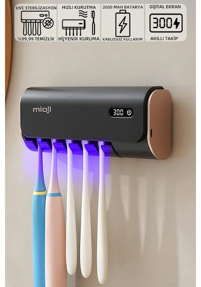 Mioji UV5F Pro 2600mah Şarj Edilebilir Uv Sterilizatörü Diş Fırçası Tutucusu Siyah Siyah