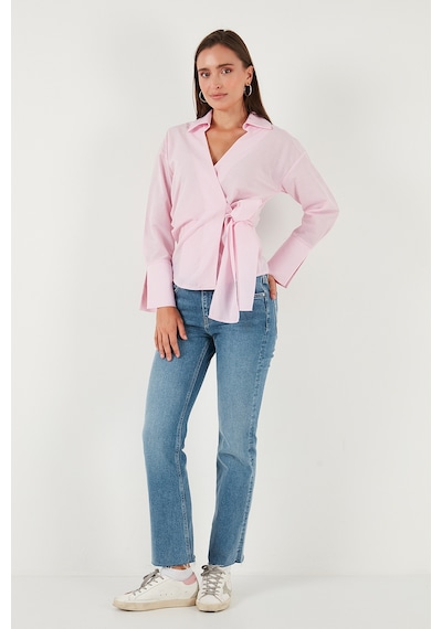 Lela Pamuklu Regular Fit Uzun Kollu Bağlama Detaylı Bayan Gömlek 65200538 Pembe