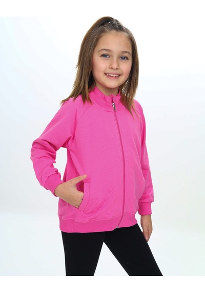 Toontoy Kız Çocuk Dik Yaka Fermuarlı Cepli Reglan Kol Örme Hırka - 2 İplik Fuşya
