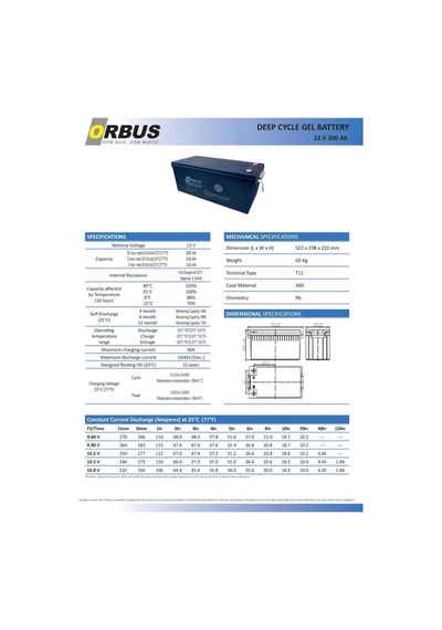 Orbus 12 Volt 200 Amper Jel Akü Derin Döngü - 12v 200ah Deep Cycle