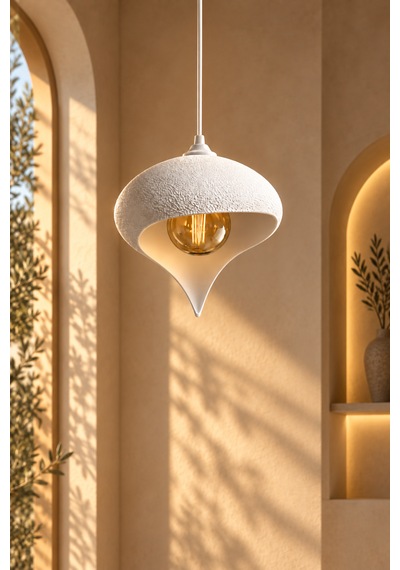 Beton Görünümlü Tekli Sarkıt Avize Asimetrik Damla Modern Bohem E27 G95 Rustik Led Ampul Hediyeli Beyaz
