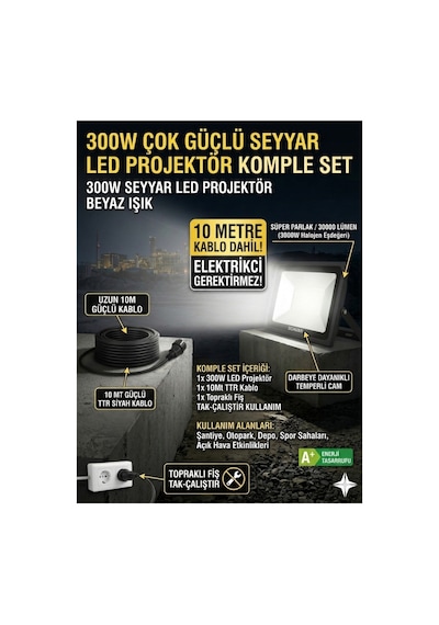 10 Metre Kablolu 300 Watt Seyyar Led Projektör Aydınlatma. Seyyar Aydınlarma Su Geçirmez Dış Mekan Ip66,beyaz Çok Güçlü Işık