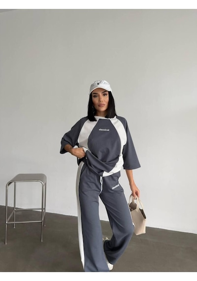 Oversize Yazı Detaylı Unisex Eşofman Takımı Yüksek Bel, Dijital Baskı, Rahat Kesim Gri