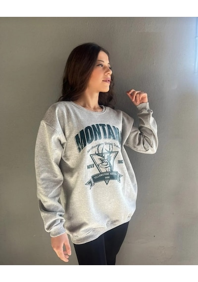 Montana Baskılı Unısex Sweat Açık Gri