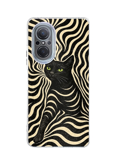Huawei Nova 9 Se Uyumlu Siyah Kedi Ve Optik Desenli Baskılı Silikon Kılıf
