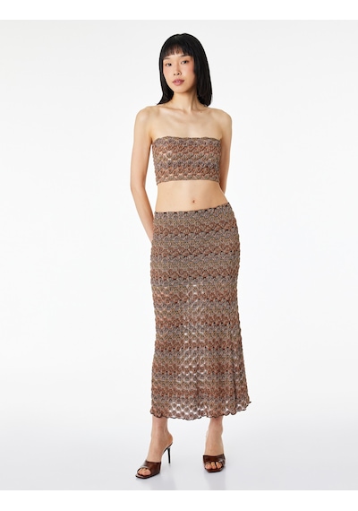 Koton Slim Fit Desenli Straplez Crop Kroşe Top Turuncu Desenli 6sak10330ek