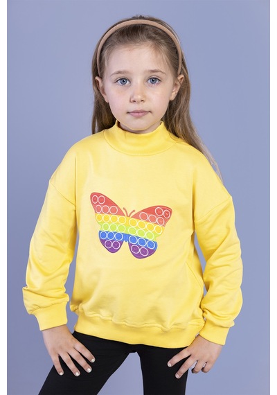 Toontoy Kız Çocuk Pamuklu Balıkçı Yaka Popıt Desenli Sweatshirt Sarı