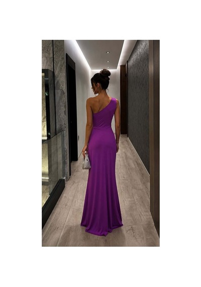 DefyModa Kadın Modern Stil Tek Omuz Kemerli Maxi Abiye Elbise Mor
