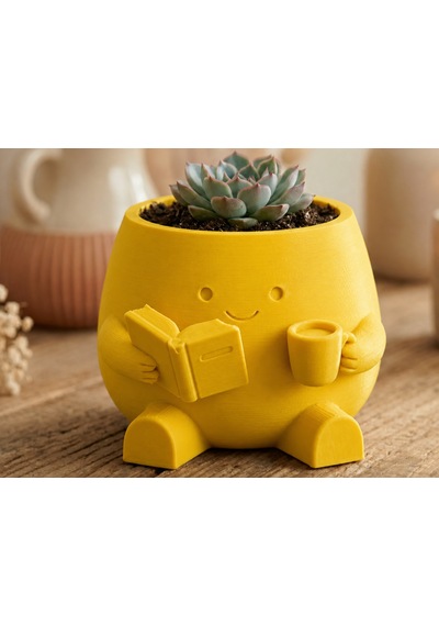 3d Baskı Kitap Okuyan Saksı - Kupa Tutan Sevimli Saksı-sarı