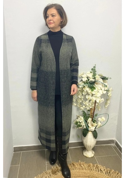 Mia Butik Büyük Beden Haki Siyah Kare Desenli Uzun Hırka Haki