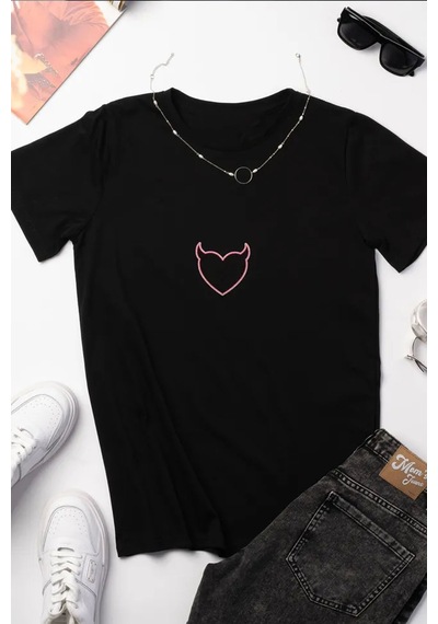 Unisex Şeytan Kalp Baskılı Oversize Tshirt Siyah