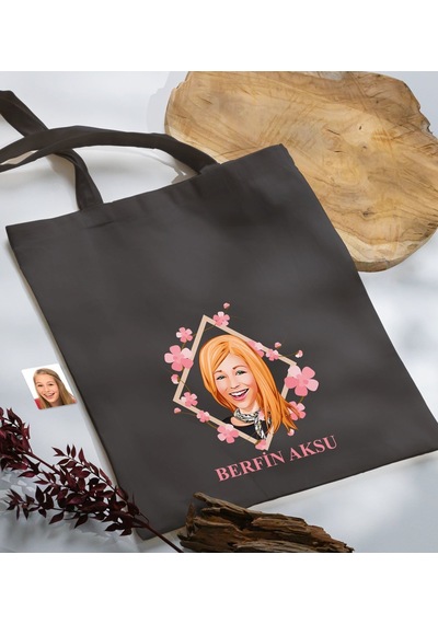 Bk Gift Kişiye Özel Anneler Günü Karikatürlü Antrasit Kumaş Bez Çanta, Baskılı Omuz Çantası, Alışveriş Çantası, Anneye Hediye-4 Antrasit