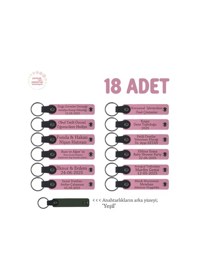 Pembe & Yeşil, Öğrencilerin Birlikte Paylaşabileceği, 18'li Anahtarlık Set, İsme Özel Hatıra
