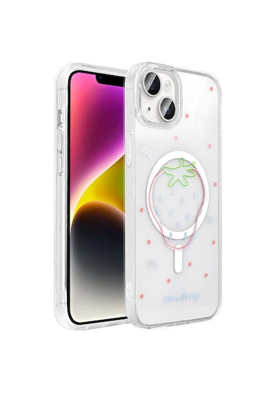Apple Uyumlu iPad iPhone 15 Plus Kılıf M-safe Şarj Özellikli Şeffaf Zore Folk Sert Kapak Çilek
