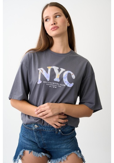Geniş Kalıp Bisiklet Yaka Baskılı Kısa Kollu T-shirt Antrasit