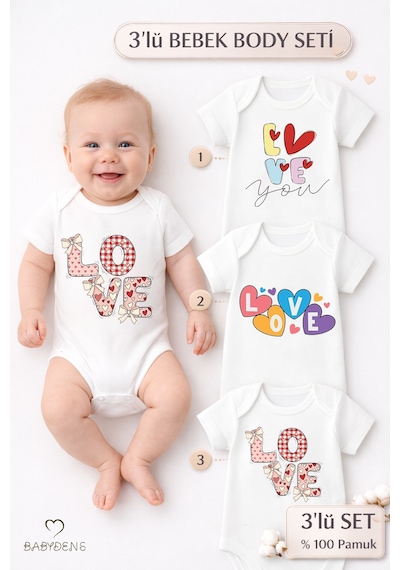 Babyden's 3 Lü Bebek Body Seti %100 Pamuk Sevimli Ayıcık Baskılı Kısa Kollu Çıtçıtlı Zıbın Unisex Beyaz