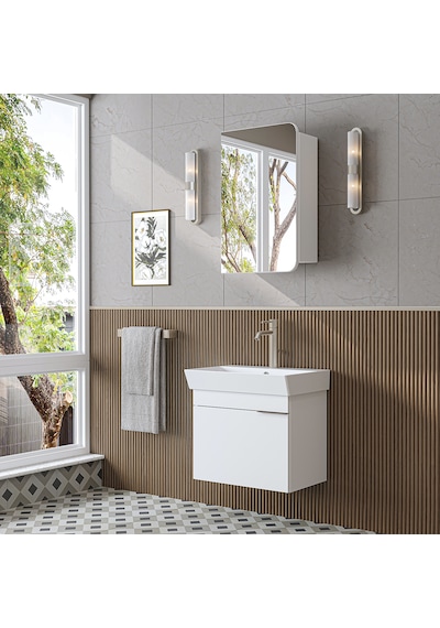 Likya Lavabolu Banyo Dolabı Takımı, Mdflam Tek Kapaklı Lavabolu 59 Cm Banyo Alt Dolabı + Üst Dolabı Beyaz
