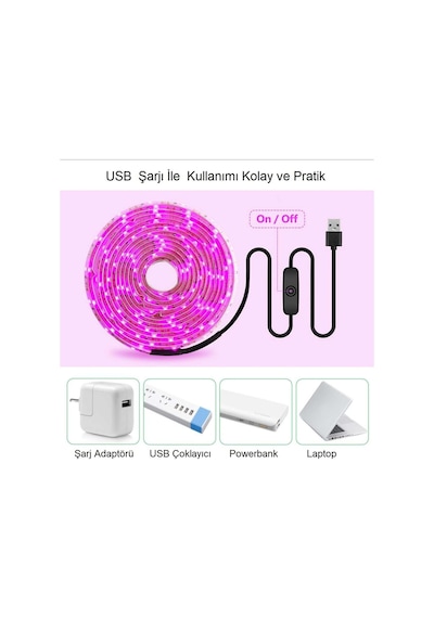 Plentiful Ev Bitkileri İçin Tam Spektrum Grow Led Şerit Usb 2m Pembe