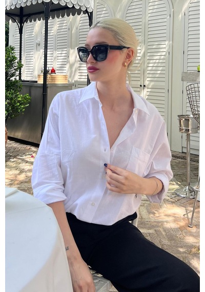 Madmext Beyaz Oversize Basic Cepli Poplin Gömlek Mg1530 Beyaz