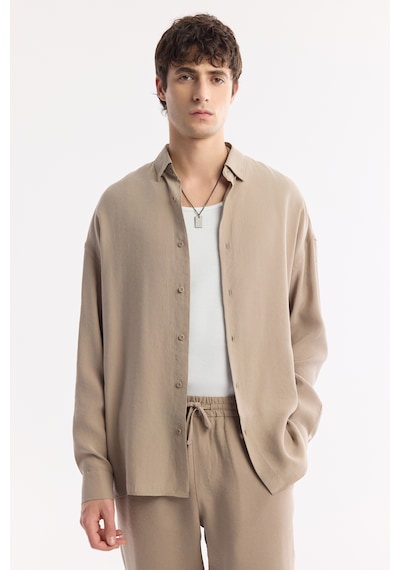 Avva Erkek Bej Alttan Britli Yaka Soft Touch Oversize Fit Gömlek A51y2168