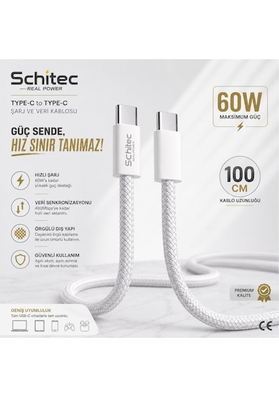 Schitec 38w Çift Çıkışlı Süper Hızlı Şarj Adaptörü Ve 60w Type-c To Type-c Örgülü Hızlı Şarj Kablosu