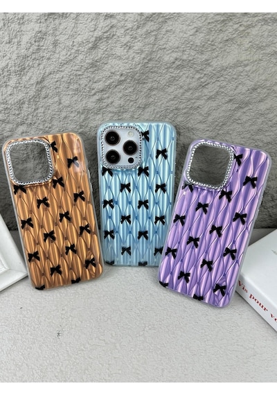 Apple Uyumlu iPhone 14 Taşlı- Fiyonk Desenli Sararmaz Sert Mika Premium Kalite Telefon Kılıfı Arka Kapak Siyah